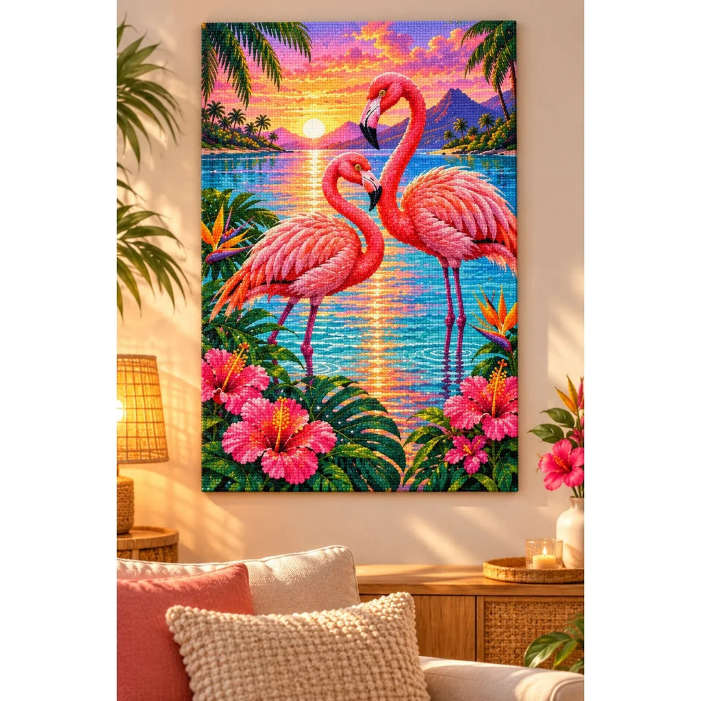Flamingos Pink Lagoon Sunrise Diamond Painting Kit — finished diamond painting in a home setting