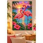 Flamingos Pink Lagoon Sunrise Diamond Painting Kit — finished diamond painting in a home setting