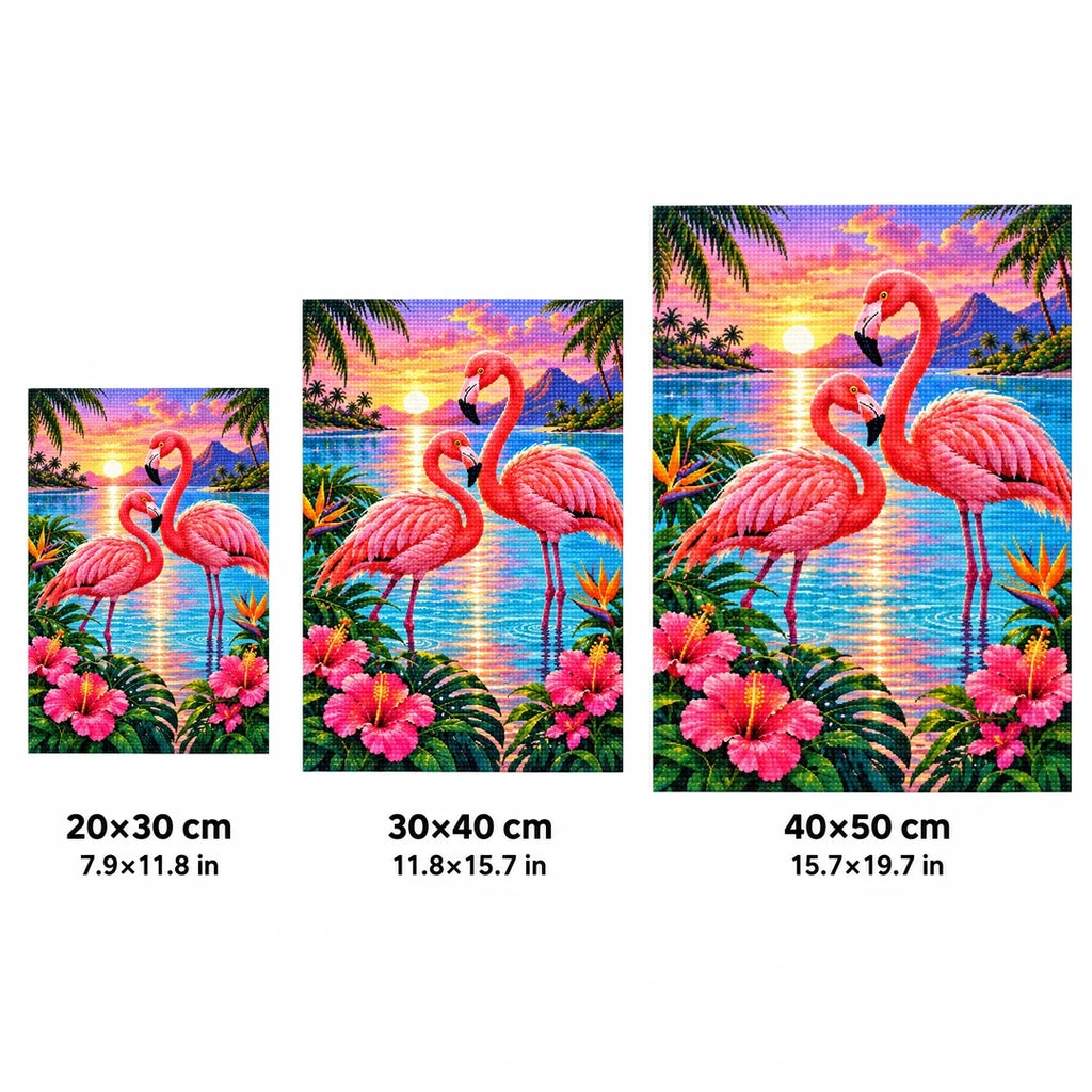 Flamingos Pink Lagoon Sunrise Diamond Painting Kit — 20 by 30, 30 by 40, and 40 by 50 centimeter size guide