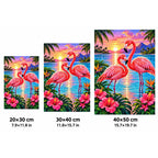Flamingos Pink Lagoon Sunrise Diamond Painting Kit — 20 by 30, 30 by 40, and 40 by 50 centimeter size guide