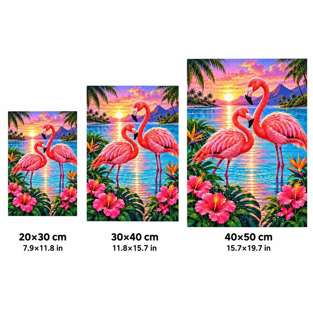 Flamingos Pink Lagoon Sunrise Diamond Painting Kit — 20 by 30, 30 by 40, and 40 by 50 centimeter size guide