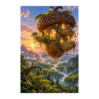 White-background original artwork of a floating acorn-shaped woodland house above a waterfall forest
