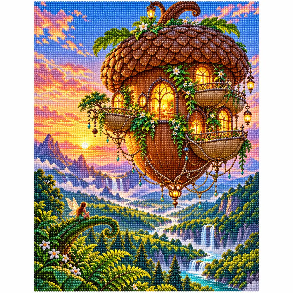 White-background finished diamond painting of a floating acorn house above a waterfall valley