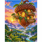 White-background finished diamond painting of a floating acorn house above a waterfall valley