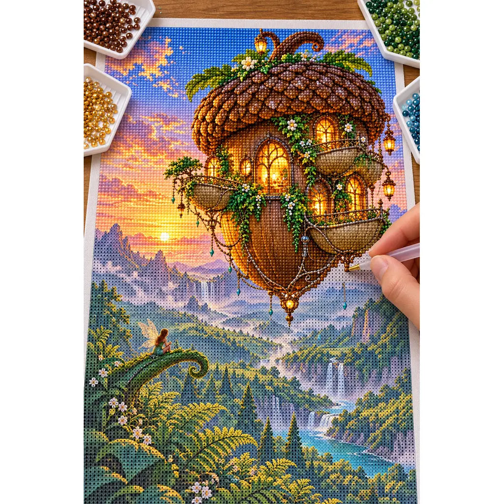 Hands placing drills on the floating acorn house diamond painting