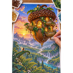 Hands placing drills on the floating acorn house diamond painting