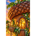 Close-up diamond drill detail on the acorn house and forest scene