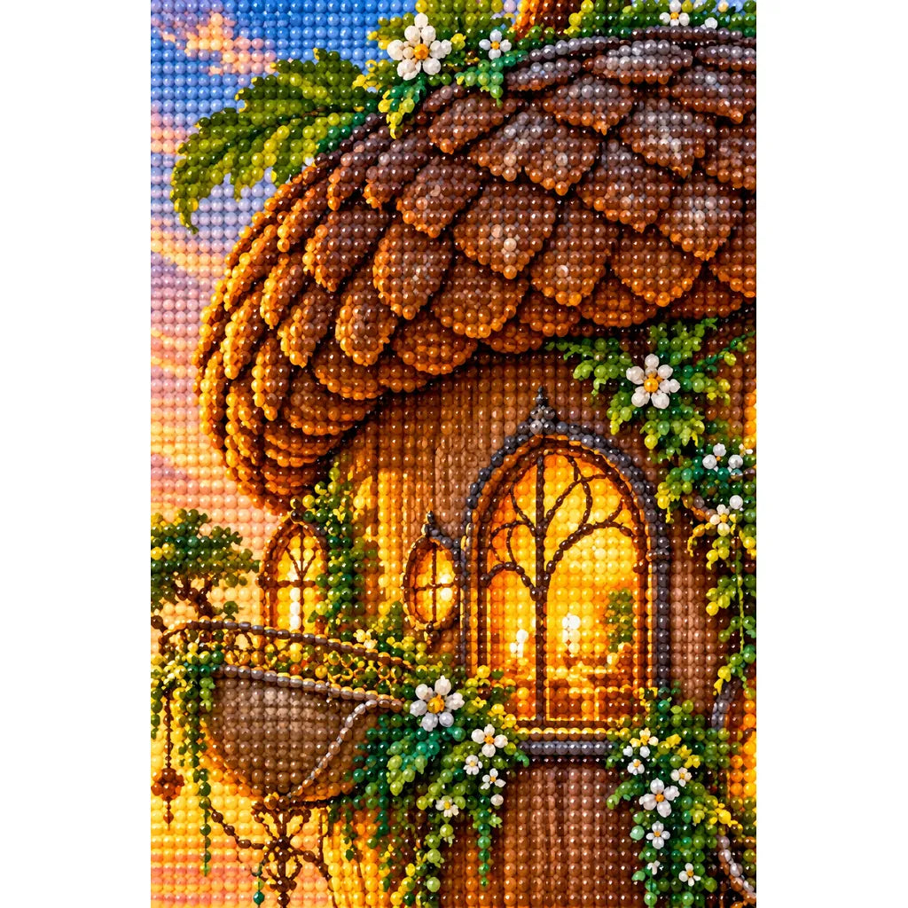 Close-up diamond drill detail on the acorn house and forest scene