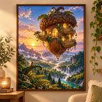 Floating acorn house diamond painting displayed in a woodland home