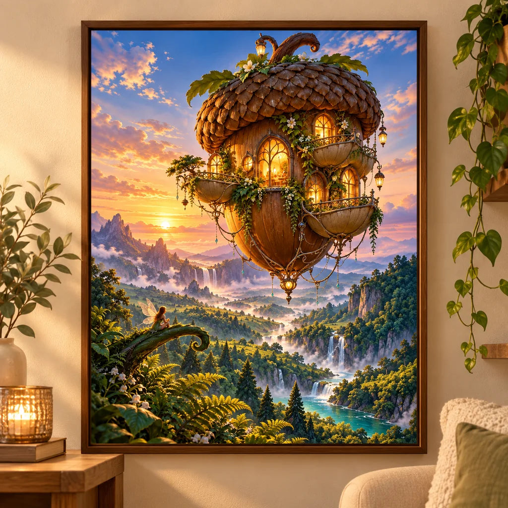Floating acorn house diamond painting displayed in a woodland home