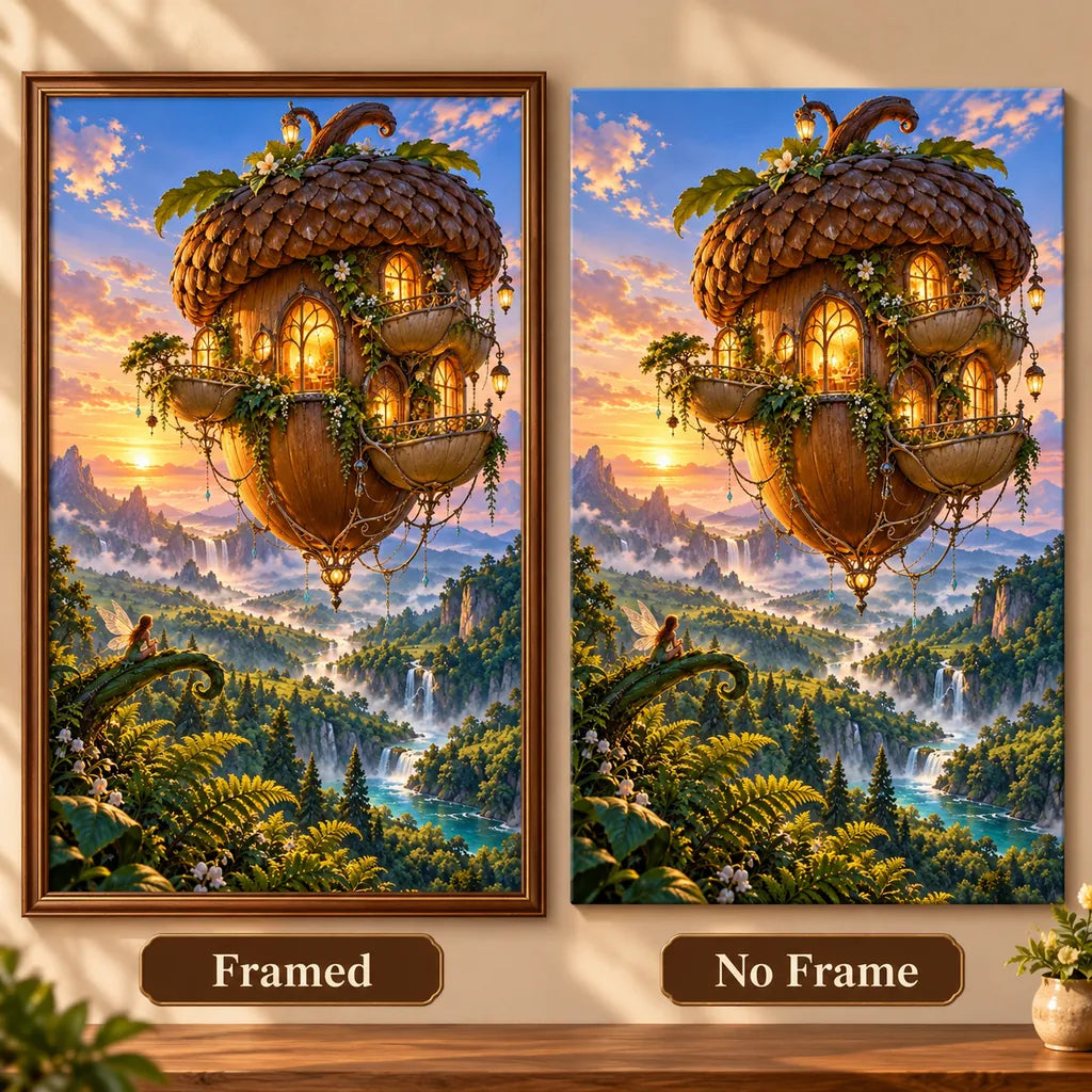 Framed and no-frame options for the floating acorn house diamond painting