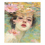 Original artwork showing a woman's face floating among pale pink blossoms on water.