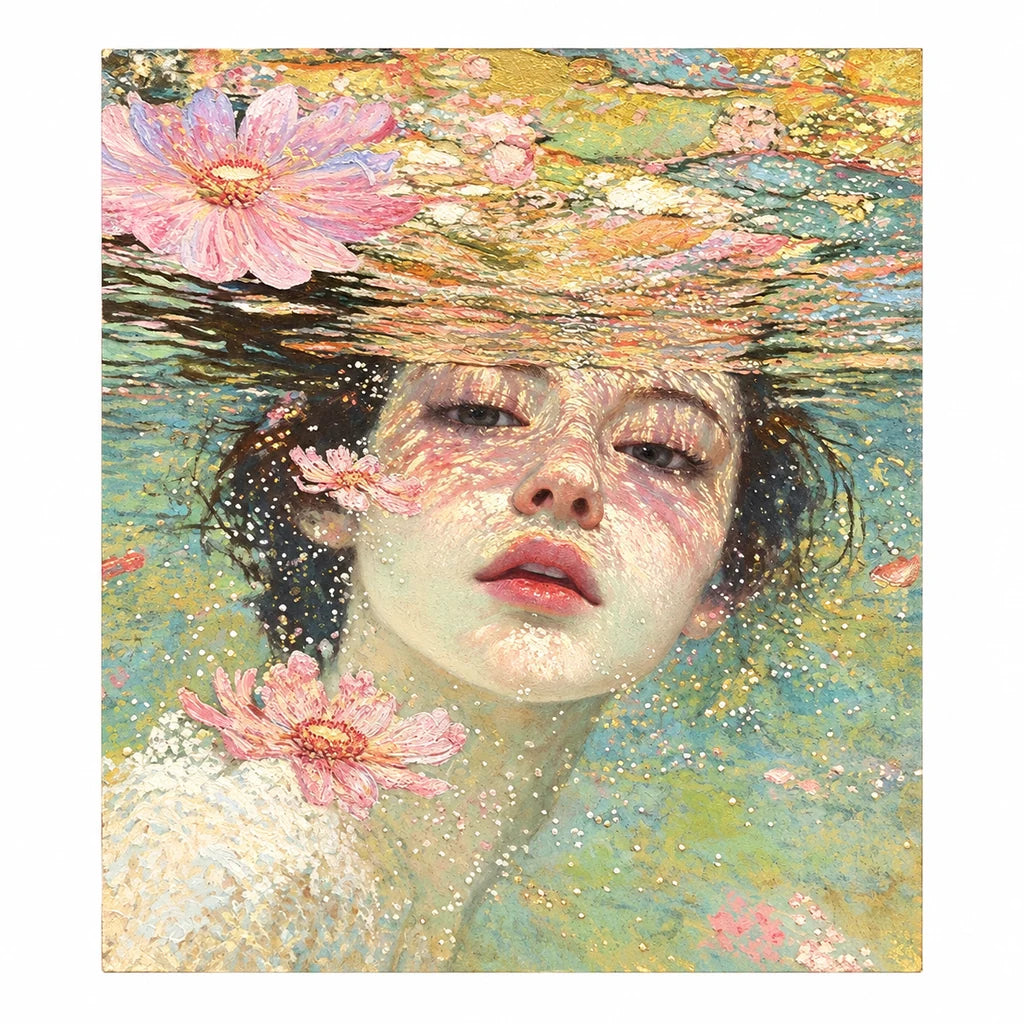 Original artwork showing a woman's face floating among pale pink blossoms on water.