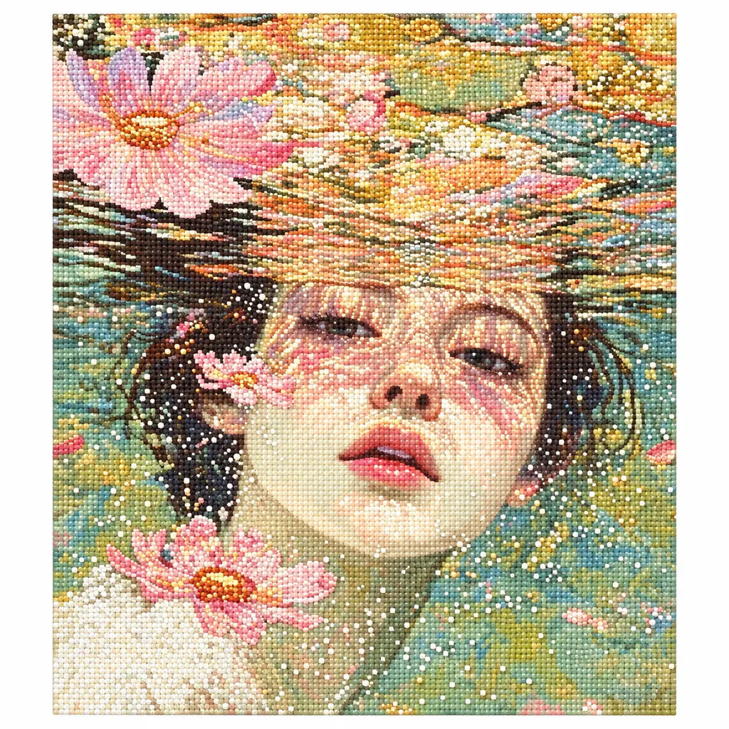 Finished diamond painting showing a woman's face floating among pale pink blossoms on water.