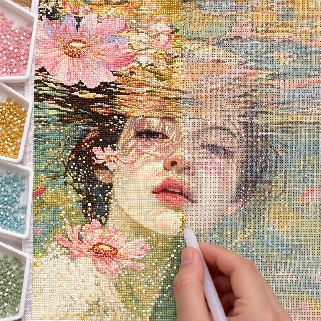 Hands applying drills to a canvas with a woman's face floating among pale pink blossoms on water.