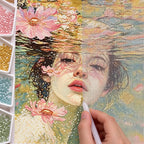 Hands applying drills to a canvas with a woman's face floating among pale pink blossoms on water.