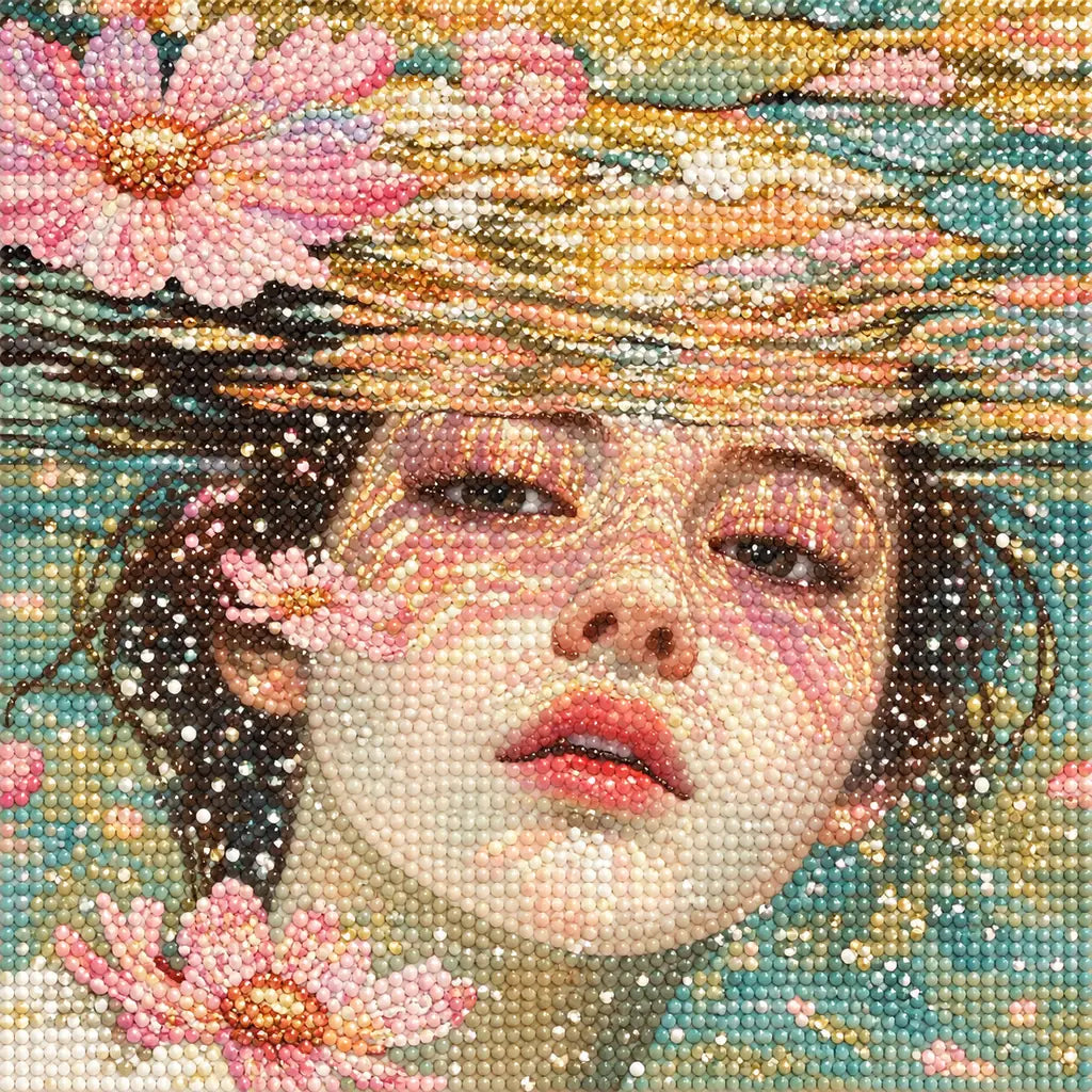 Close-up of diamond drills on artwork of a woman's face floating among pale pink blossoms on water.