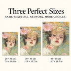 Size guide for Floating Face Among Pink Blossoms Diamond Painting Kit: 20 × 30 cm, 30 × 40 cm, and 40 × 50 cm.