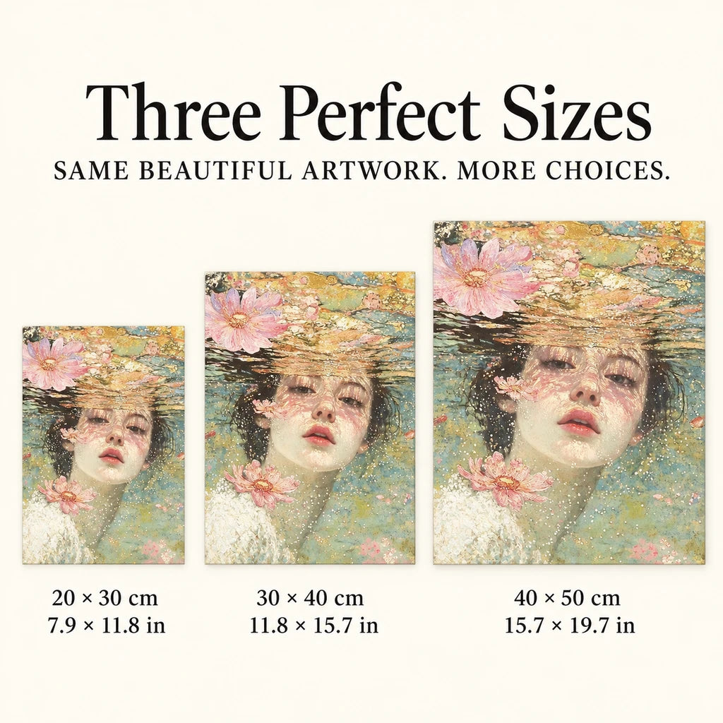 Size guide for Floating Face Among Pink Blossoms Diamond Painting Kit: 20 × 30 cm, 30 × 40 cm, and 40 × 50 cm.