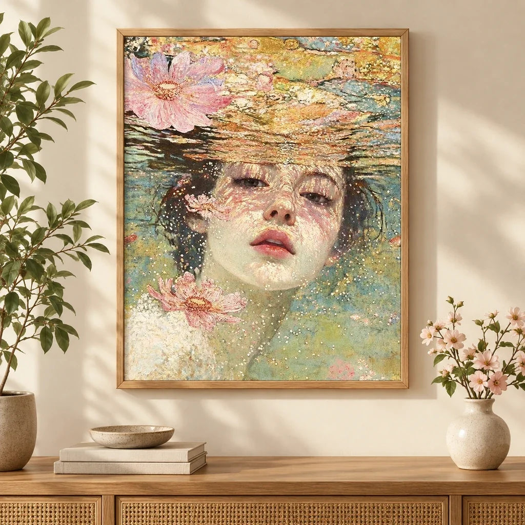 Framed home decor scene featuring a diamond painting of a woman's face floating among pale pink blossoms on water displayed on a wall.