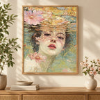Framed home decor scene featuring a diamond painting of a woman's face floating among pale pink blossoms on water displayed on a wall.