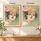 Framed and no-frame comparison for Floating Face Among Pink Blossoms Diamond Painting Kit.