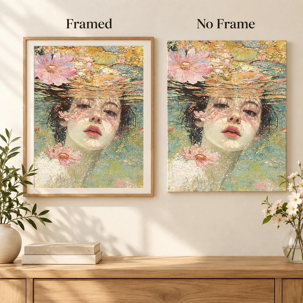 Framed and no-frame comparison for Floating Face Among Pink Blossoms Diamond Painting Kit.