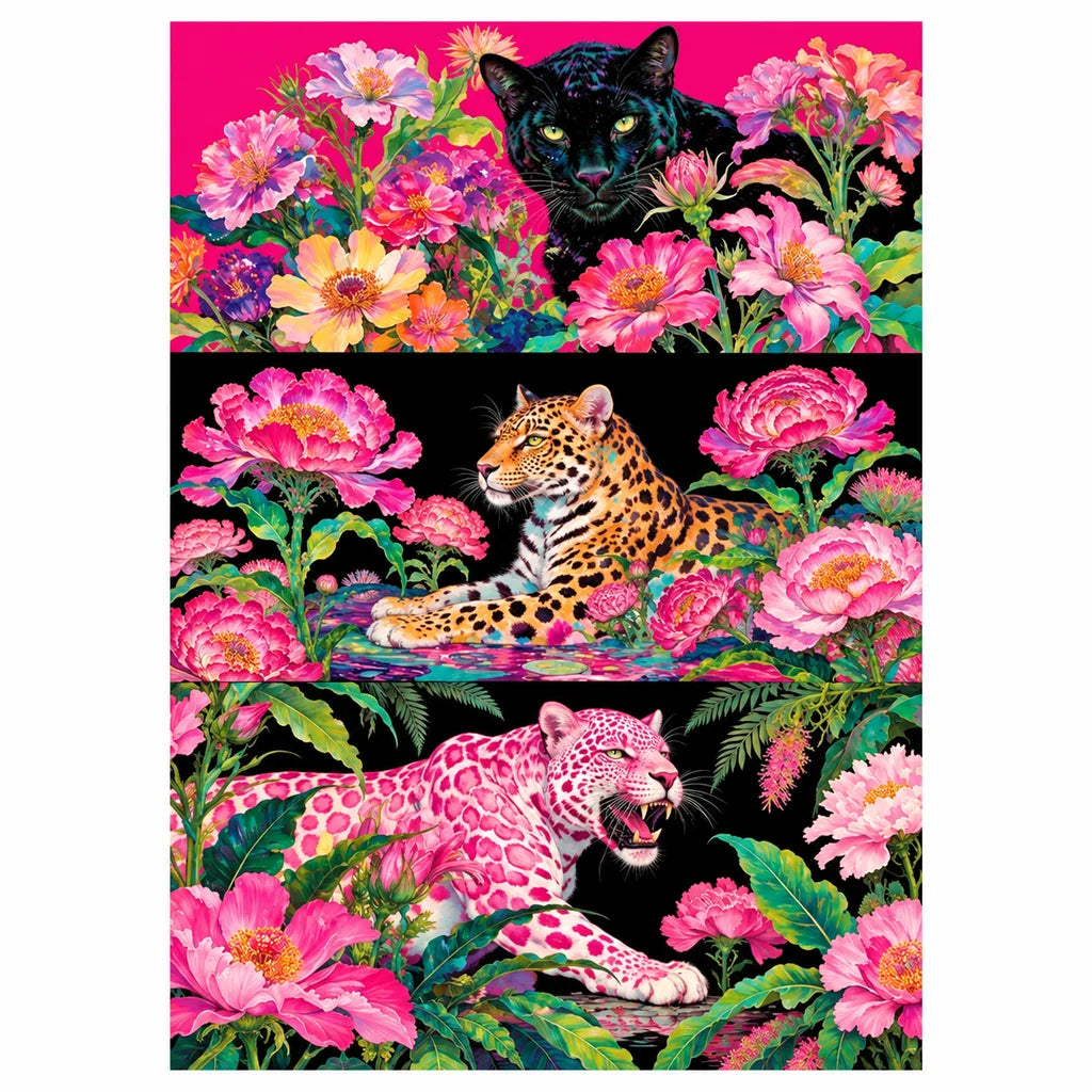 Original artwork showing three big cats among vivid tropical flowers and foliage.