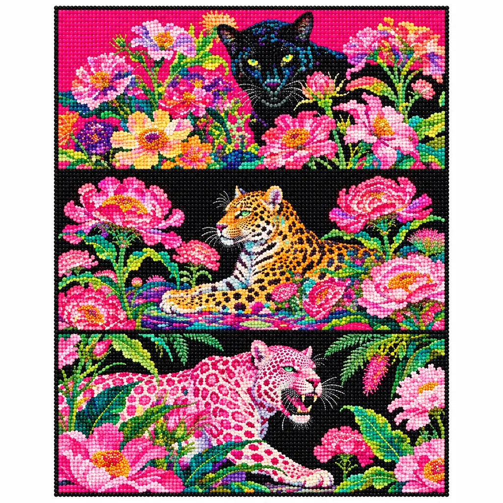 Finished diamond painting showing three big cats among vivid tropical flowers and foliage.