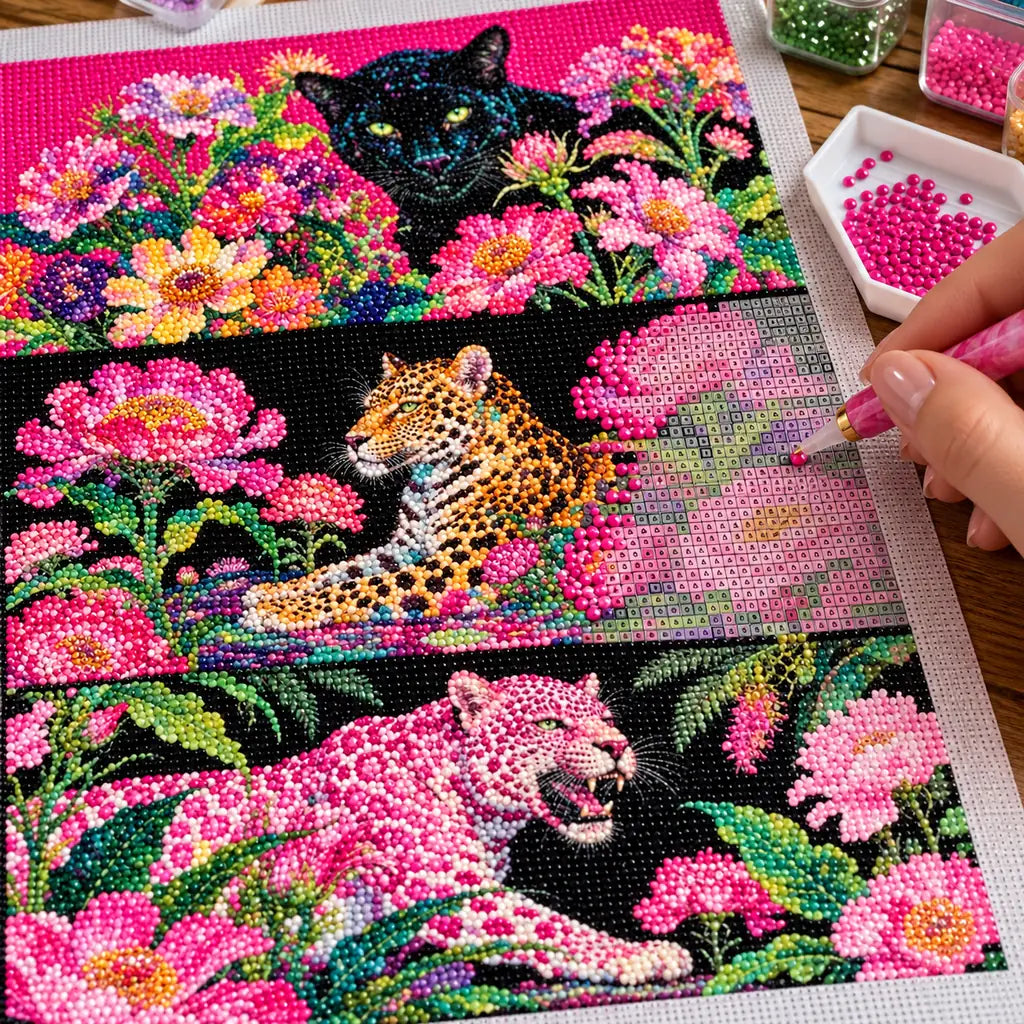 Hands applying drills to a canvas with three big cats among vivid tropical flowers and foliage.