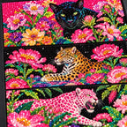 Close-up of diamond drills on artwork of three big cats among vivid tropical flowers and foliage.