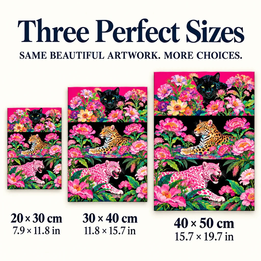 Size guide for Floral Big Cats Triptych Diamond Painting Kit: 20 × 30 cm, 30 × 40 cm, and 40 × 50 cm.