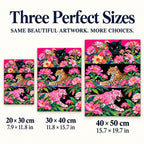 Size guide for Floral Big Cats Triptych Diamond Painting Kit: 20 × 30 cm, 30 × 40 cm, and 40 × 50 cm.
