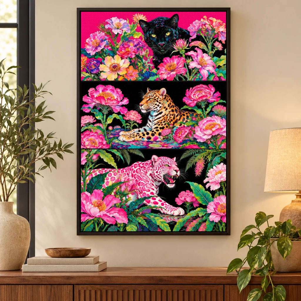 Framed home decor scene featuring a diamond painting of three big cats among vivid tropical flowers and foliage displayed on a wall.