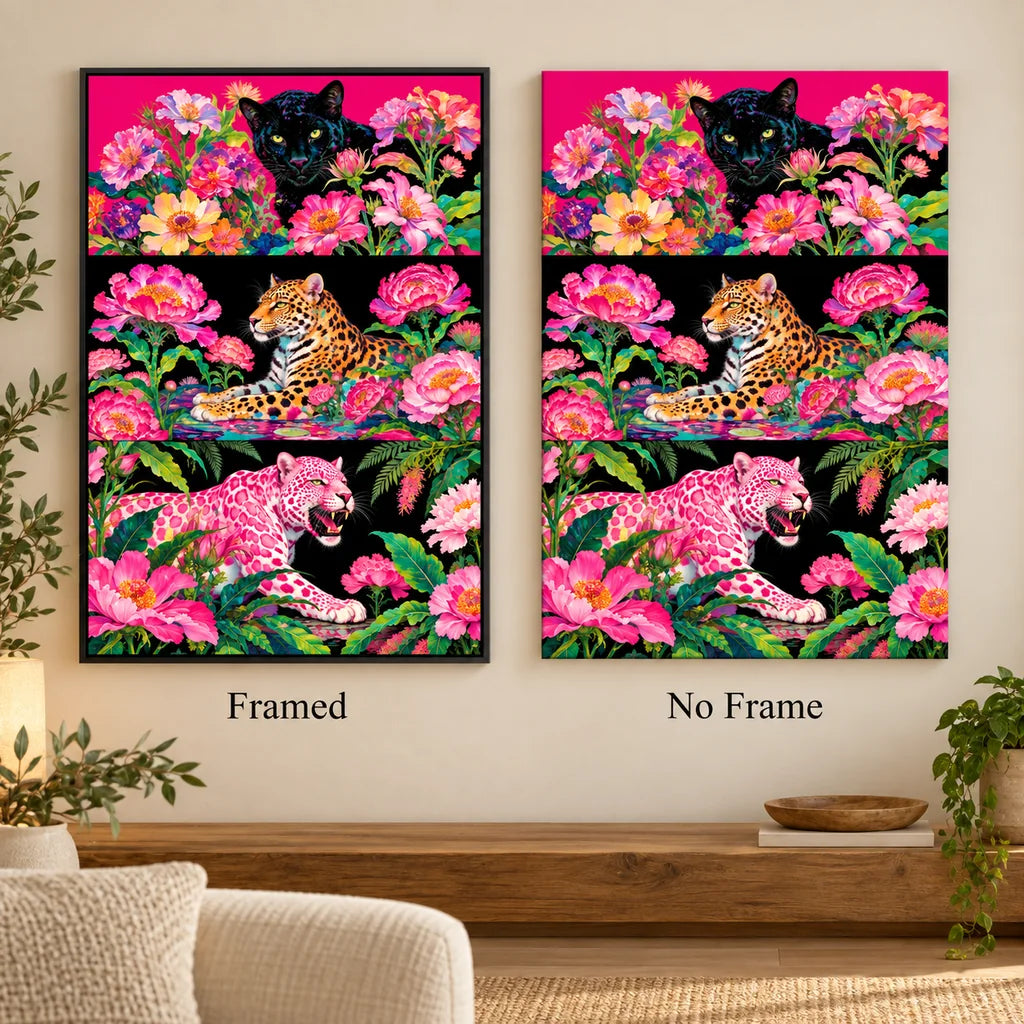 Framed and no-frame comparison for Floral Big Cats Triptych Diamond Painting Kit.