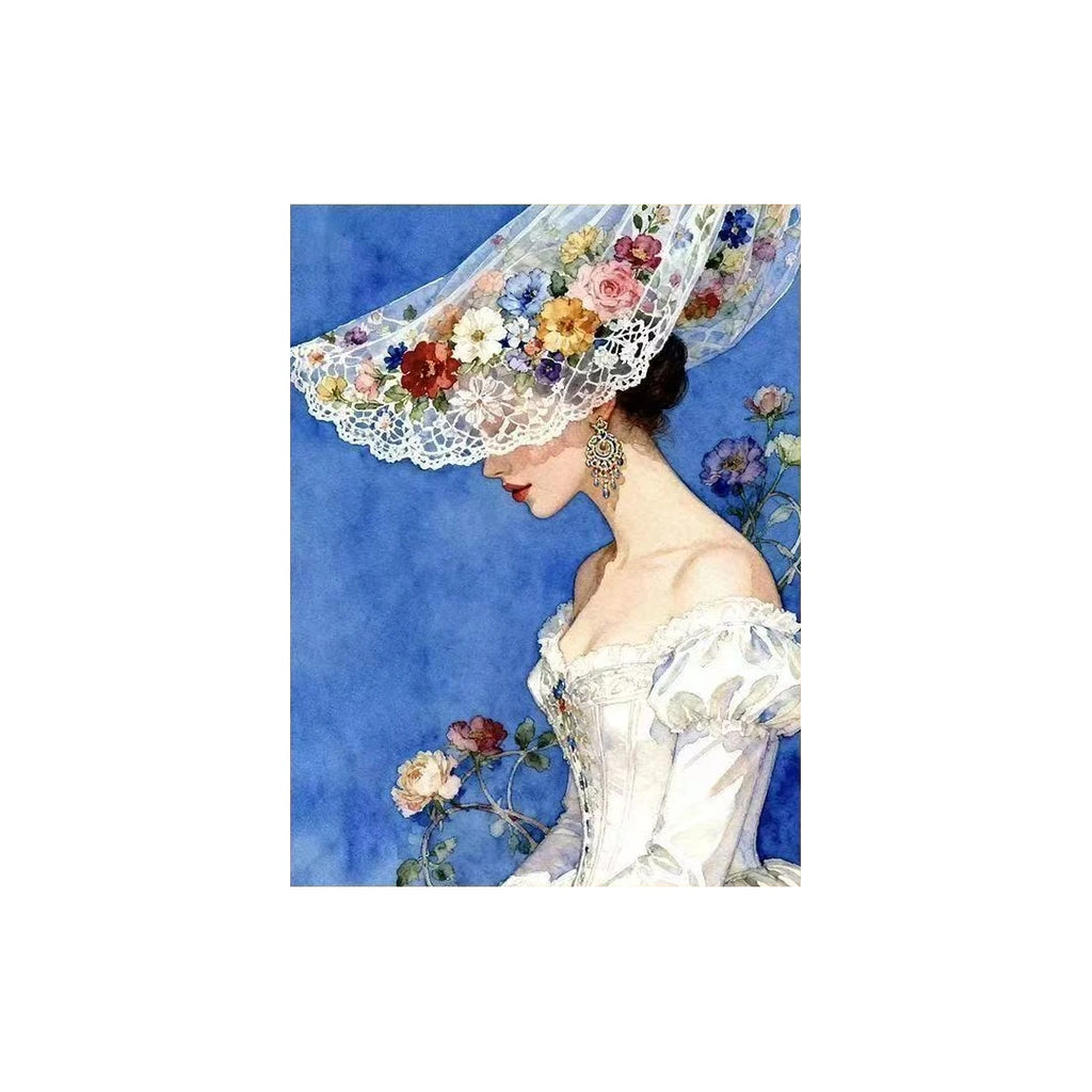 White-background original artwork of a bride in profile beneath a wide floral brim