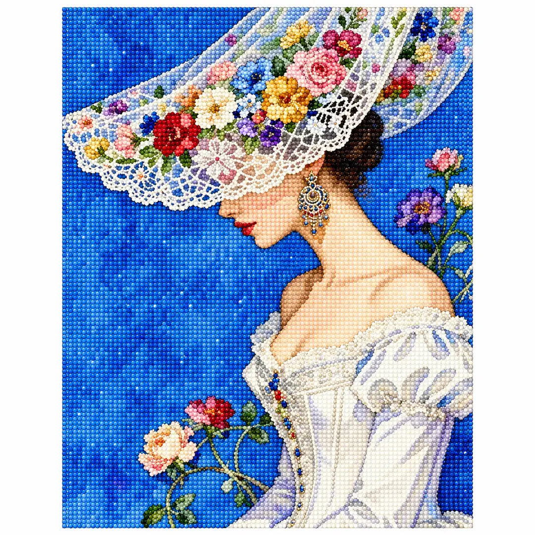 White-background diamondized artwork of a bride in profile beneath a wide floral brim