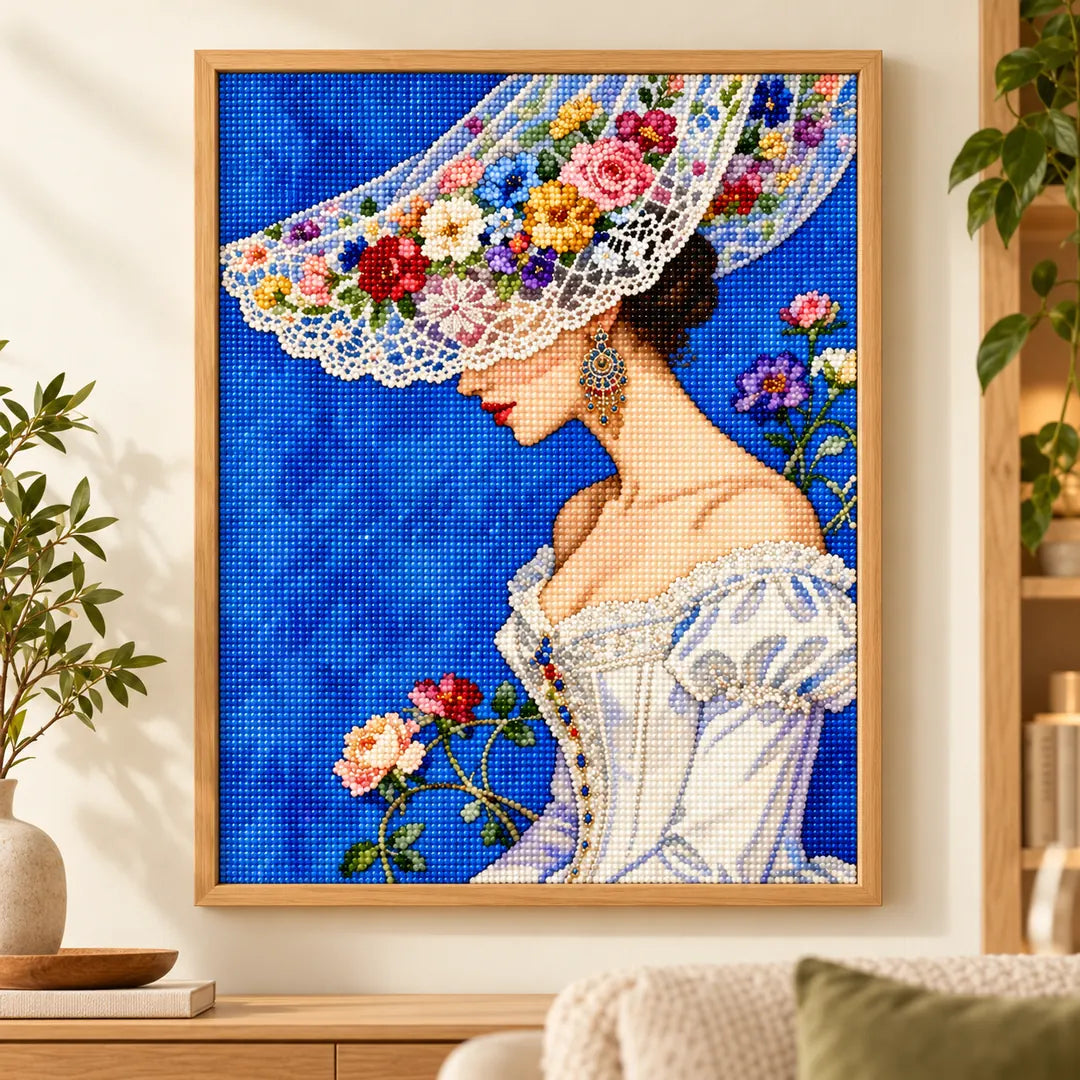 Floral-brim bride diamond painting displayed as home decor