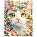 Floral Cat with Green Eyes paint by numbers artwork on a front-facing canvas against a white background