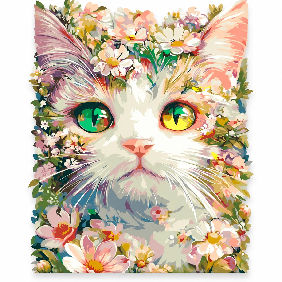 Floral Cat with Green Eyes paint by numbers artwork on a front-facing canvas against a white background