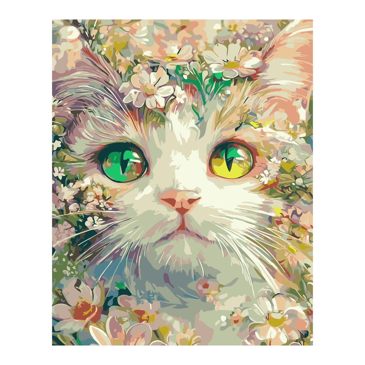 Floral Cat with Green Eyes completed artwork on a clean white background
