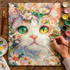 Complete Floral Cat with Green Eyes numbered canvas being painted with acrylic paints and brushes