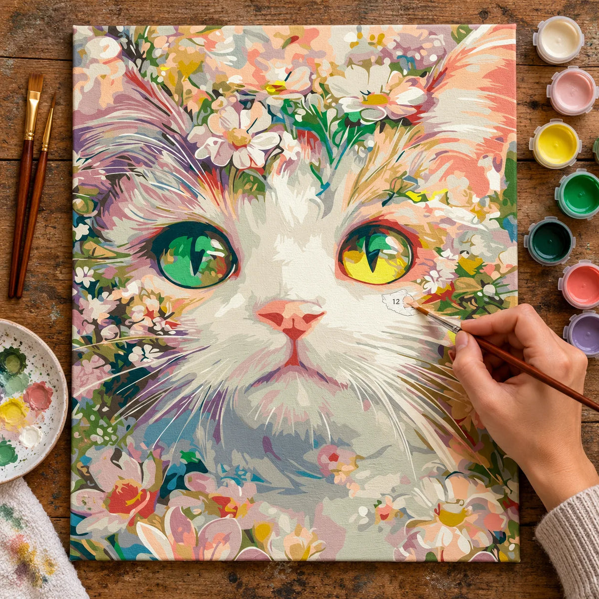 Complete Floral Cat with Green Eyes numbered canvas being painted with acrylic paints and brushes