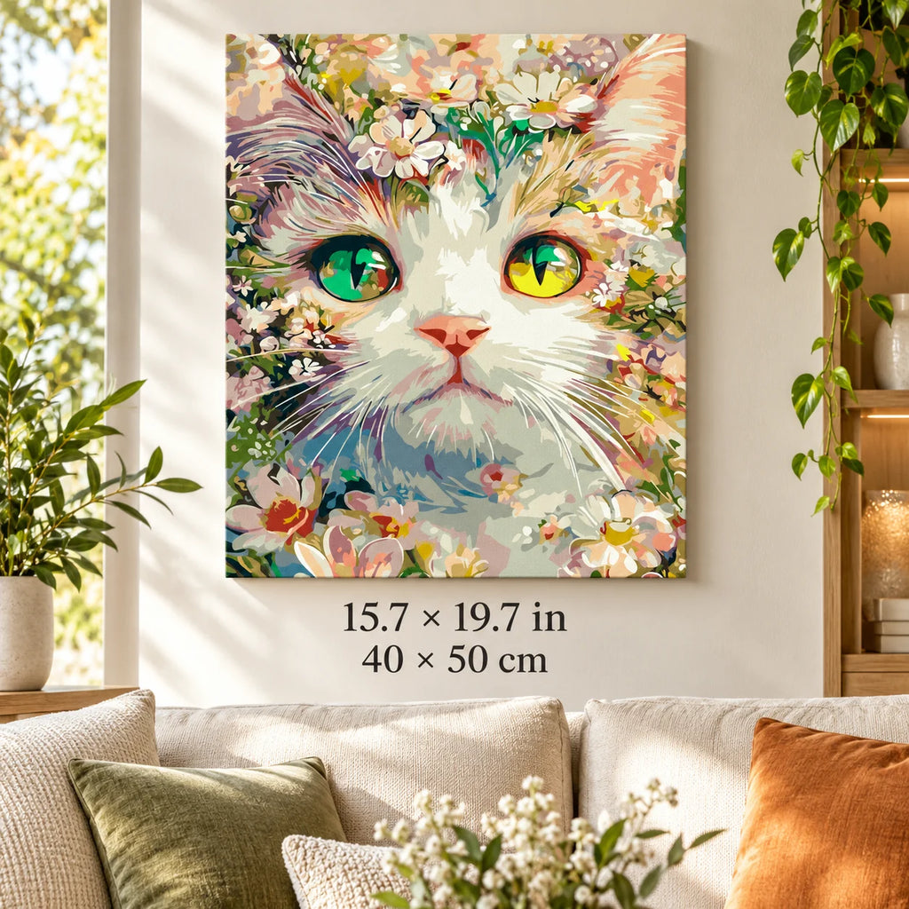 Floral Cat with Green Eyes shown in a styled room with 15.7 × 19.7 in and 40 × 50 cm dimensions