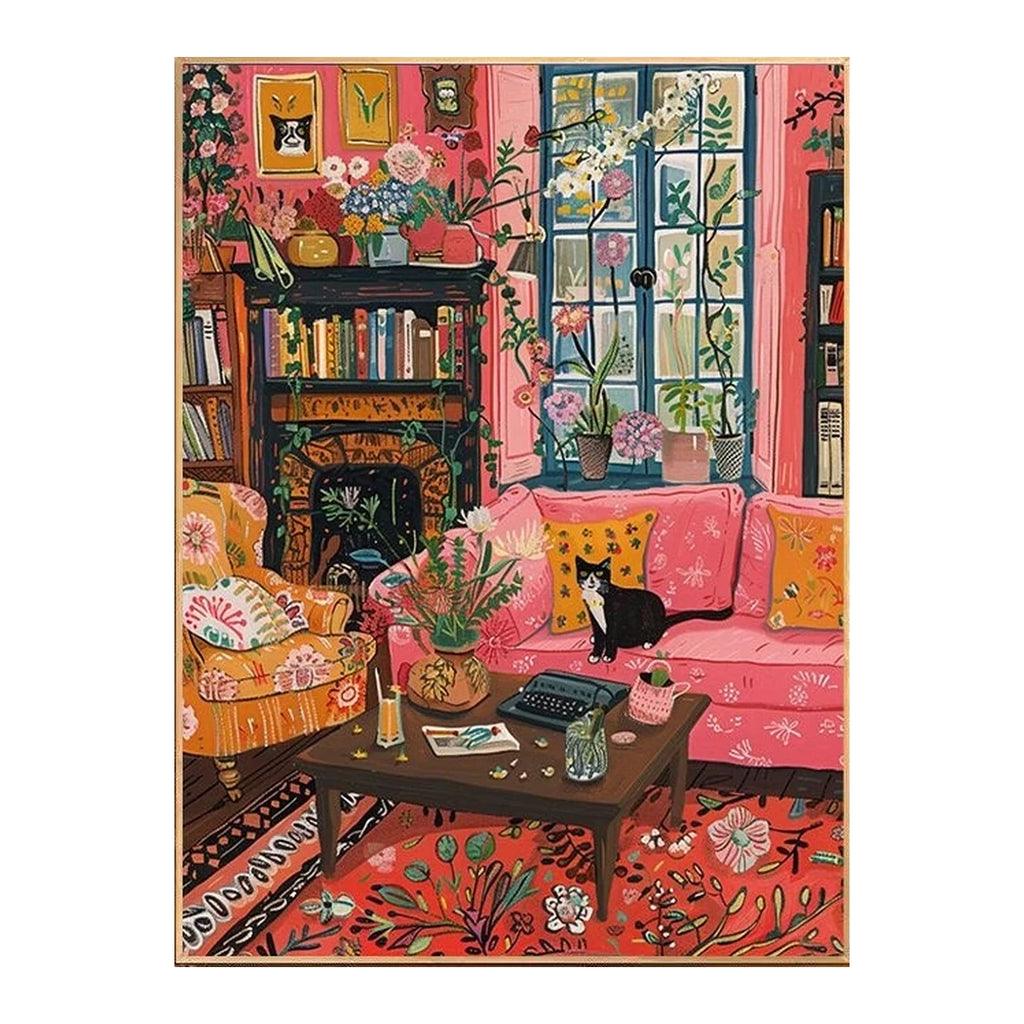 White-background original artwork of a black cat in a colorful floral living room