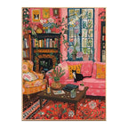 White-background original artwork of a black cat in a colorful floral living room