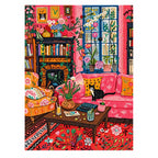 White-background diamondized artwork of a black cat in a colorful floral living room