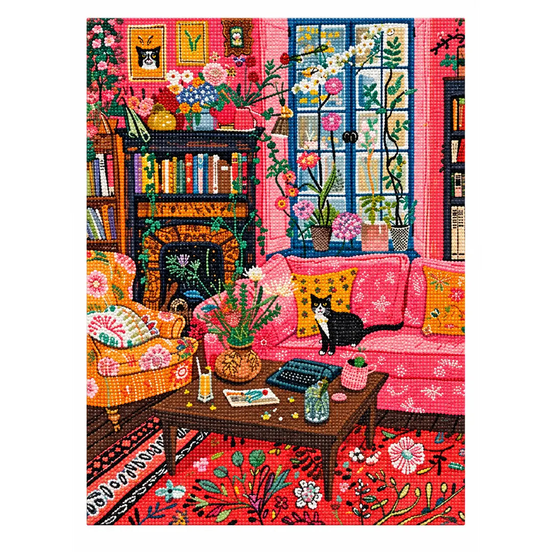 White-background diamondized artwork of a black cat in a colorful floral living room