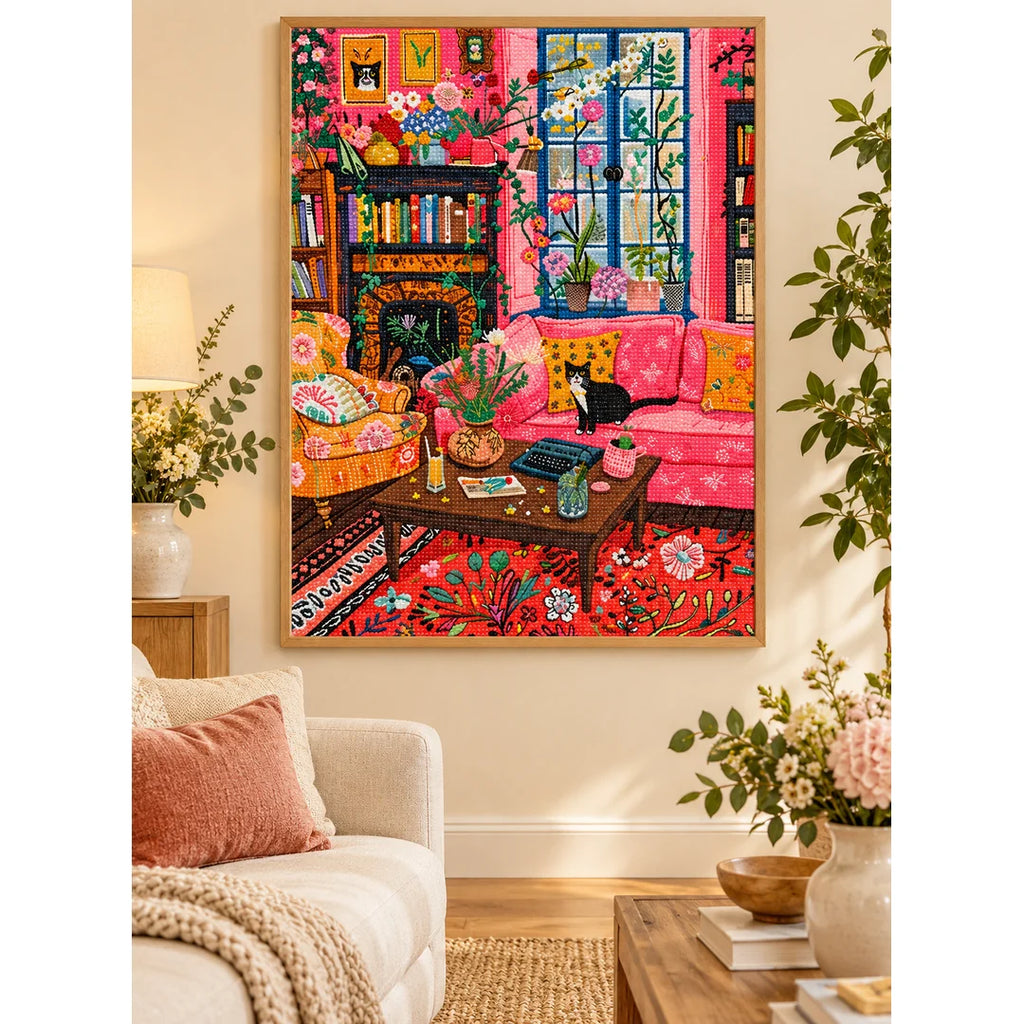 Black cat in a colorful floral living room diamond painting displayed as home decor