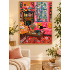 Black cat in a colorful floral living room diamond painting displayed as home decor